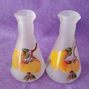 Pair of Hazel Atlas Hand Painted "Gay Fad" Oil and Vinegar Cruets Frosted Glass